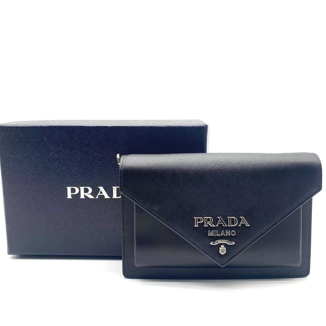 Prada Saffiano Leather Mini Envelope Bag 2Way Shoulder Bag Black