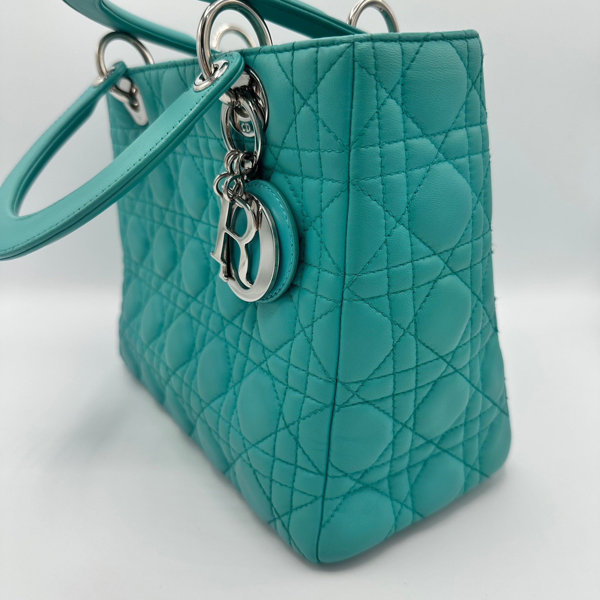 Dior Lady Dior Medium Turquoise Cannage Quilted Leather Silver