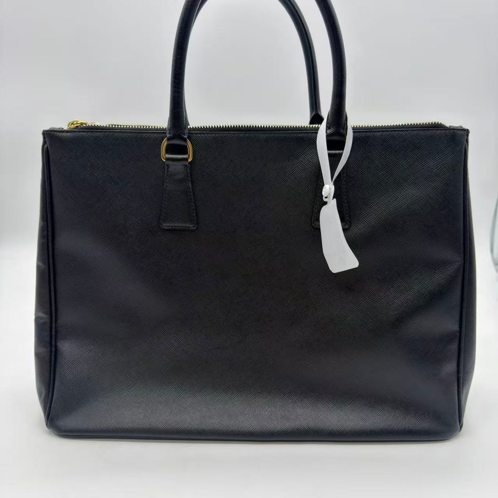  Black Leather Large Double Zip Tote