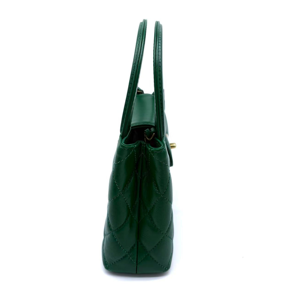 Shiny Aged Calfskin Quilted Nano Kelly Shopper Green
