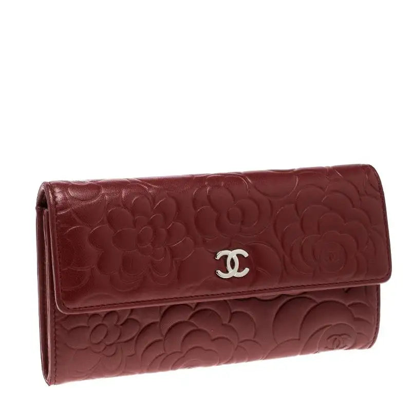 Dark Red Leather Camellia Continental Wallet twins