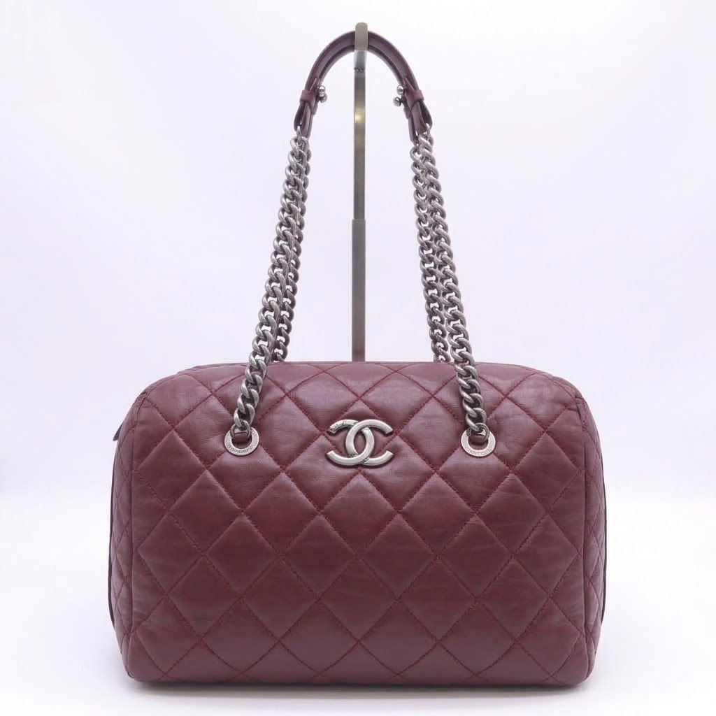 Aged Calfskin Quilted Large Secret Tag Bowling Bag Burgundy Twins LDJ6303
