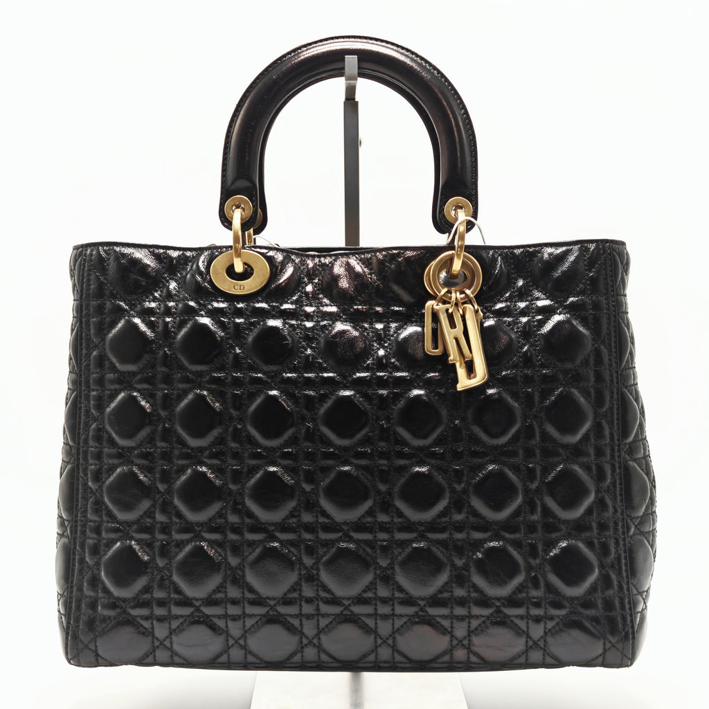 Black Cannage Quilted Patent Calfskin Large Lady Dior Bag twins