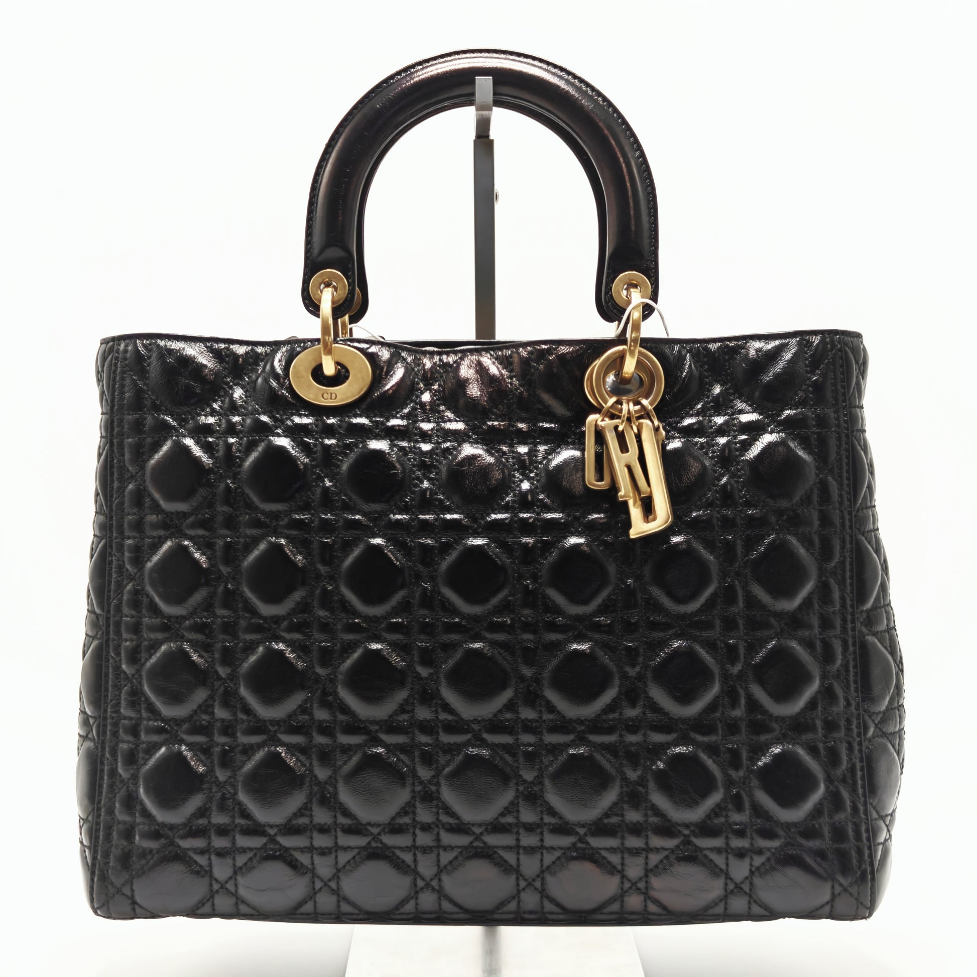 Black Cannage Quilted Patent Calfskin Large Lady Dior Bag twins