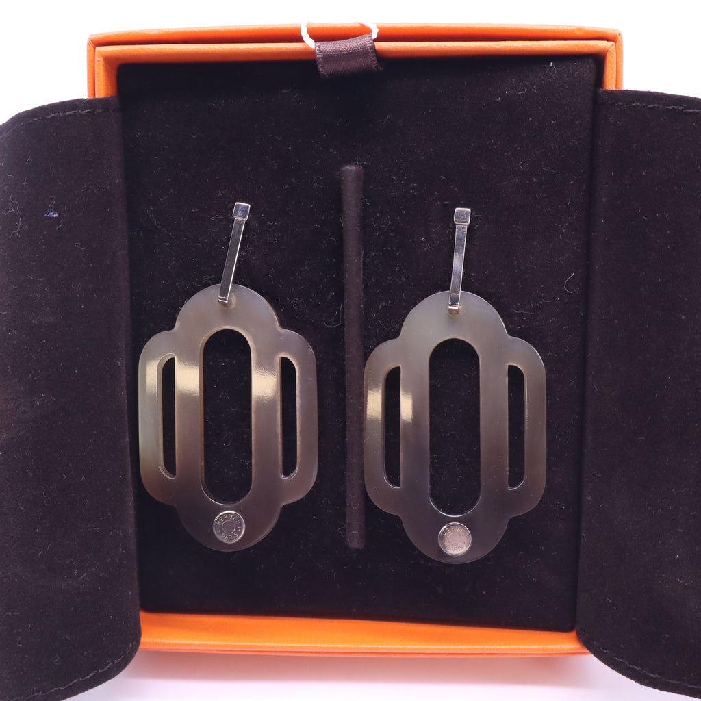 Hermes Horn and Enamel Silver Tone Earrings Twins LDJ6055