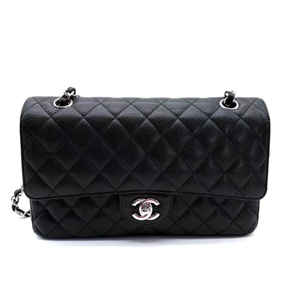 Black Quilted Caviar Medium Classic Double Flap Silver Hardware