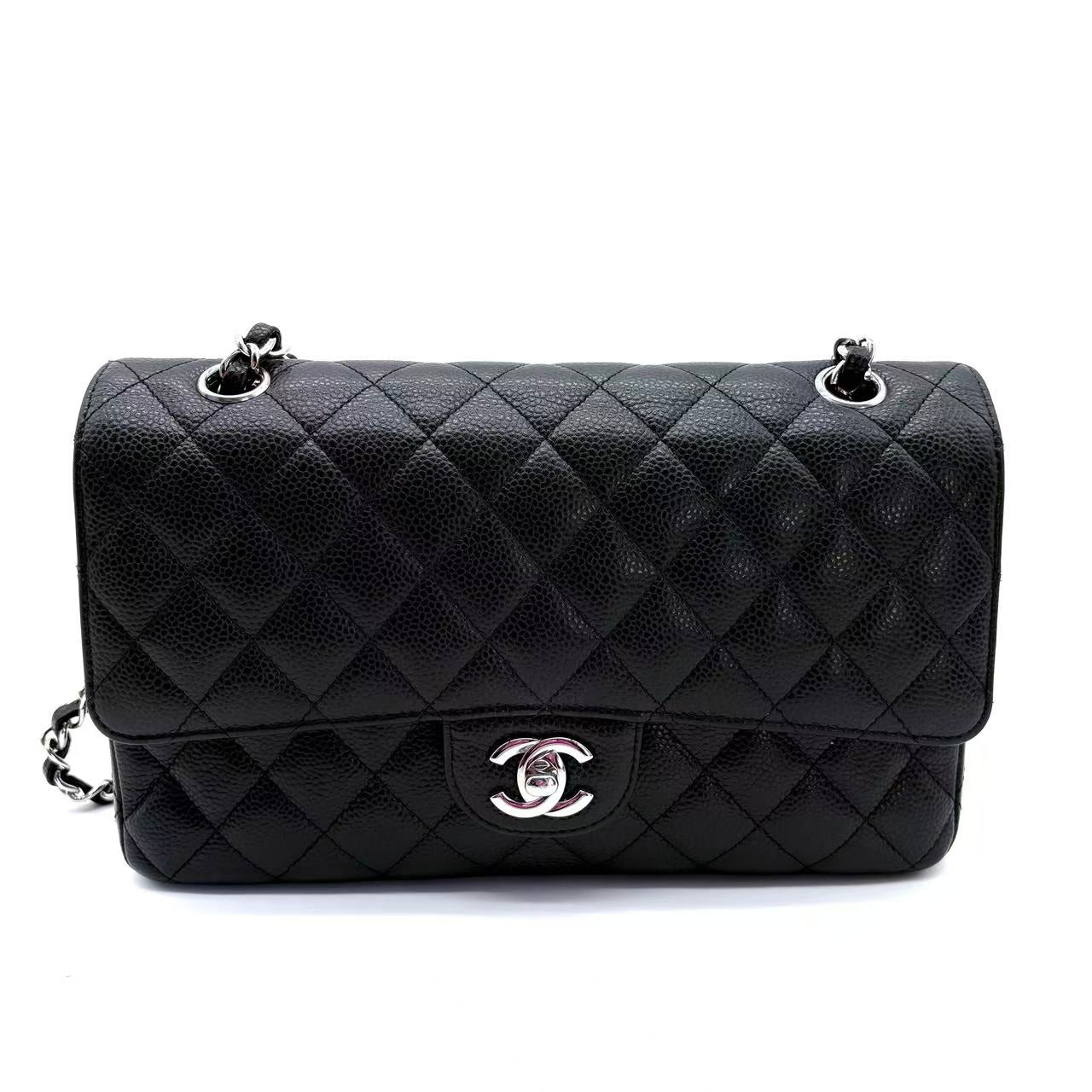 Black Quilted Caviar Medium Classic Double Flap Silver Hardware