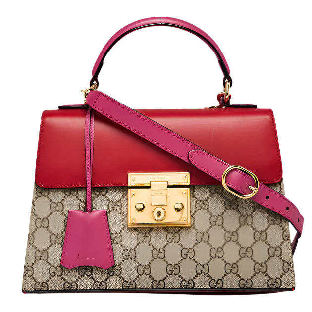 GG Supreme Monogram Calfskin Medium Padlock Top Handle Bag Beige Hibiscus Red New Rosette - twins