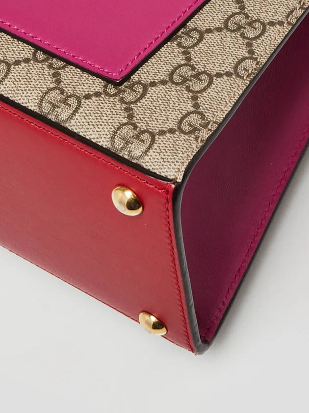 GG Supreme Monogram Calfskin Medium Padlock Top Handle Bag Beige Hibiscus Red New Rosette - twins