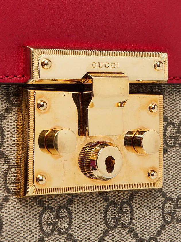 GG Supreme Monogram Calfskin Medium Padlock Top Handle Bag Beige Hibiscus Red New Rosette - twins