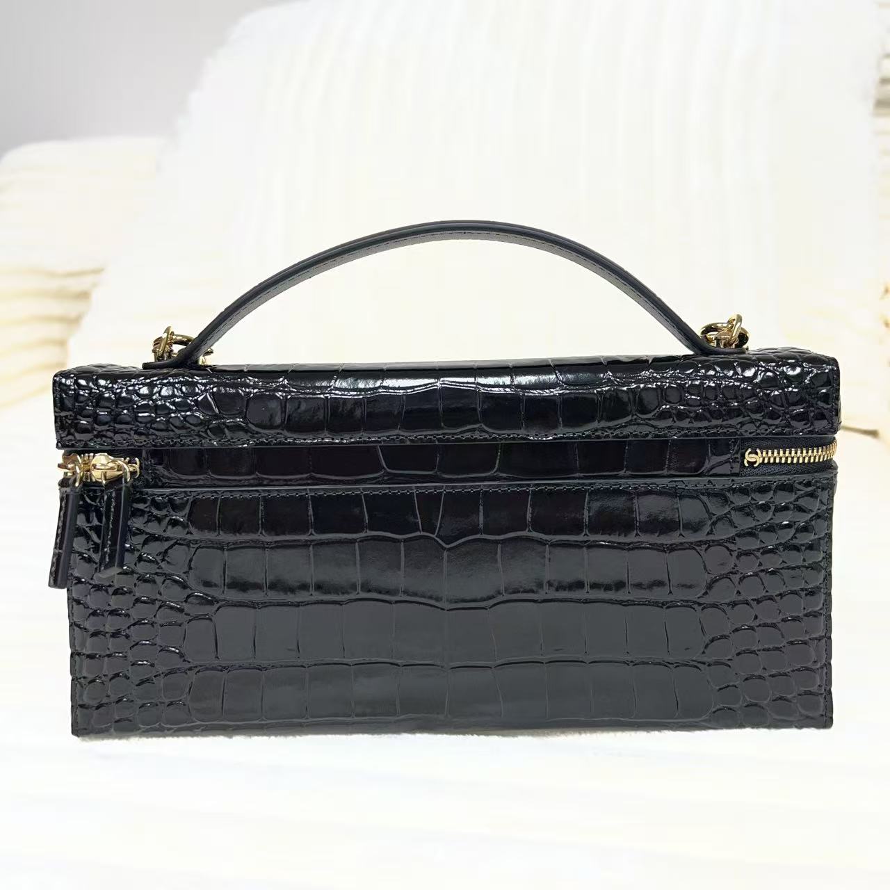 Calfskin Slim Vanity Case With Chain Black