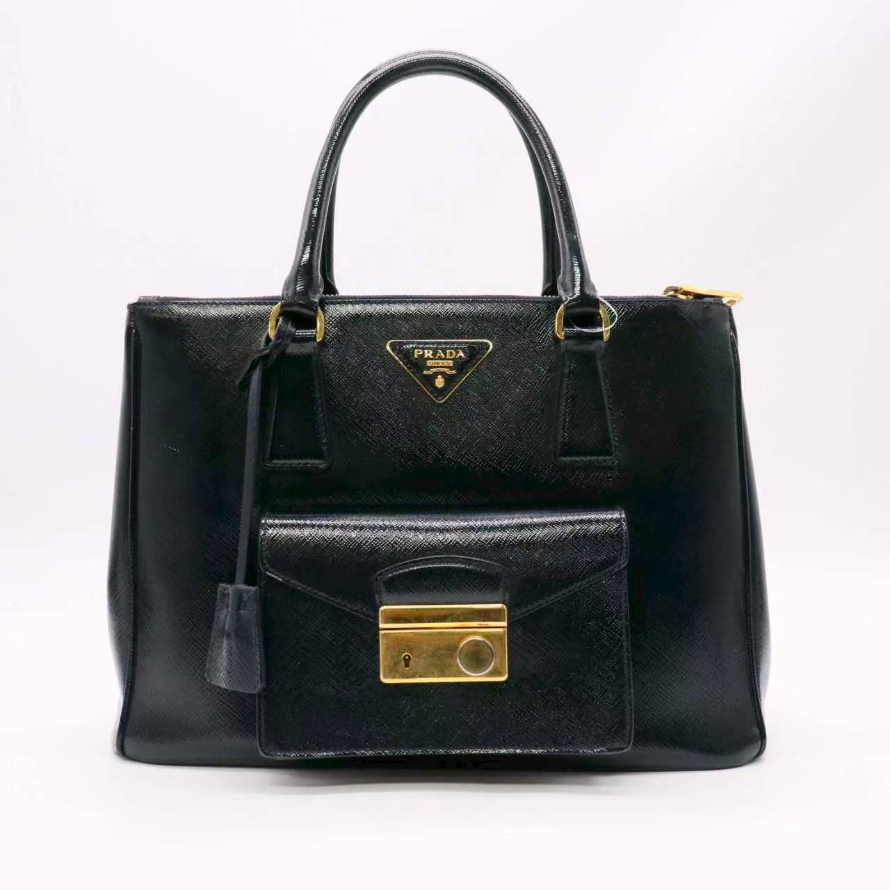 Prada Nero Saffiano Vernice Leather Tote with Cargo Pocket Bag Twins LDJ6014