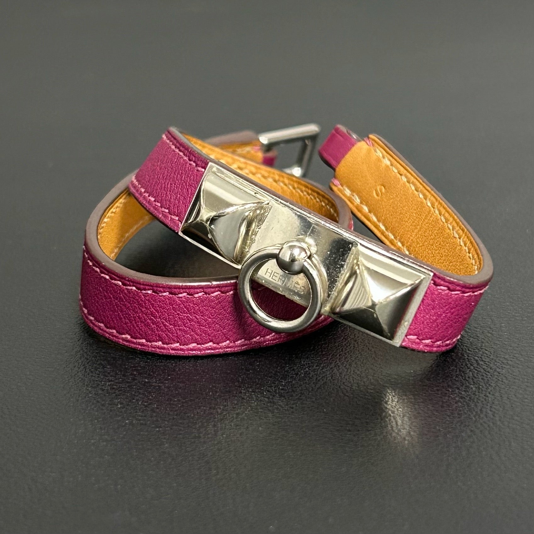 Hermès Rivale Double Wrap Leather Bracelet Two-tone Silver Hardware Twins LDZ442