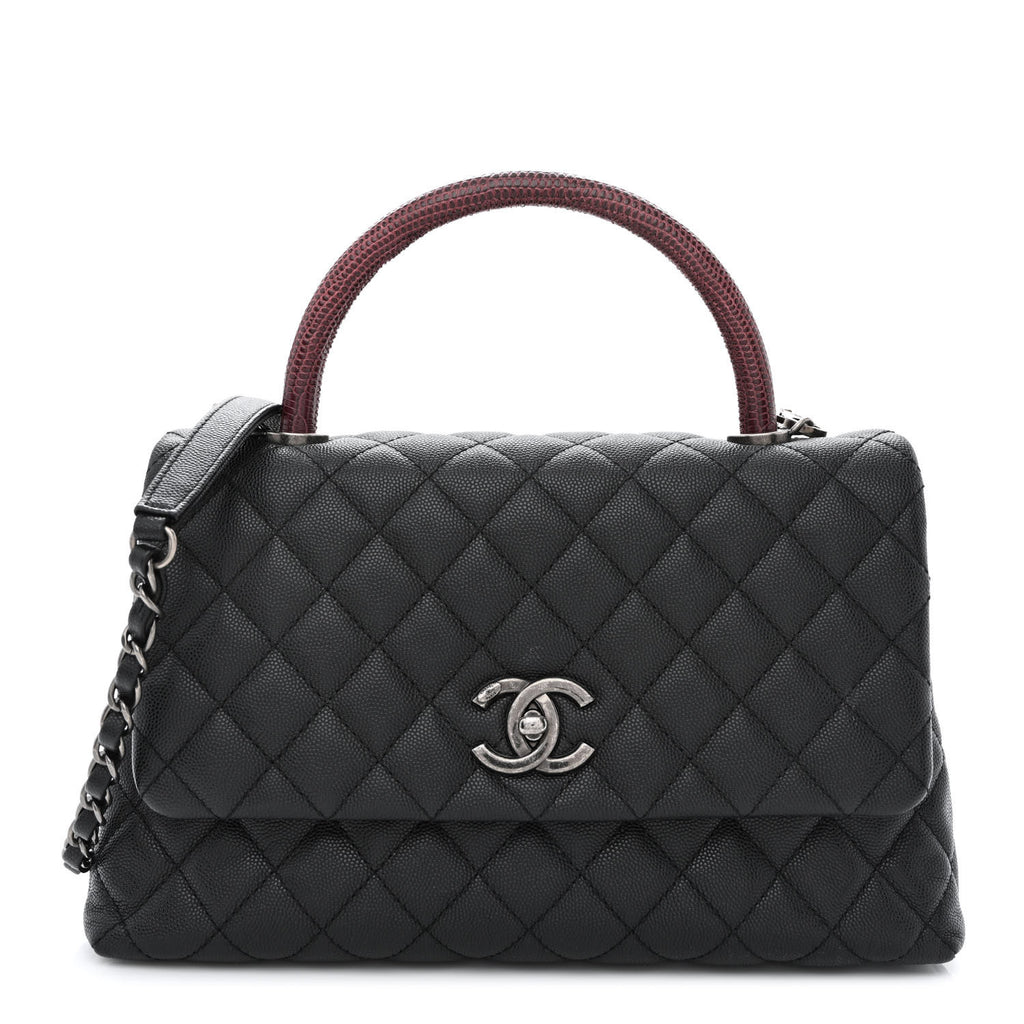 Caviar Lizard Quilted Medium Coco Handle Flap Black Burgundy Twins
