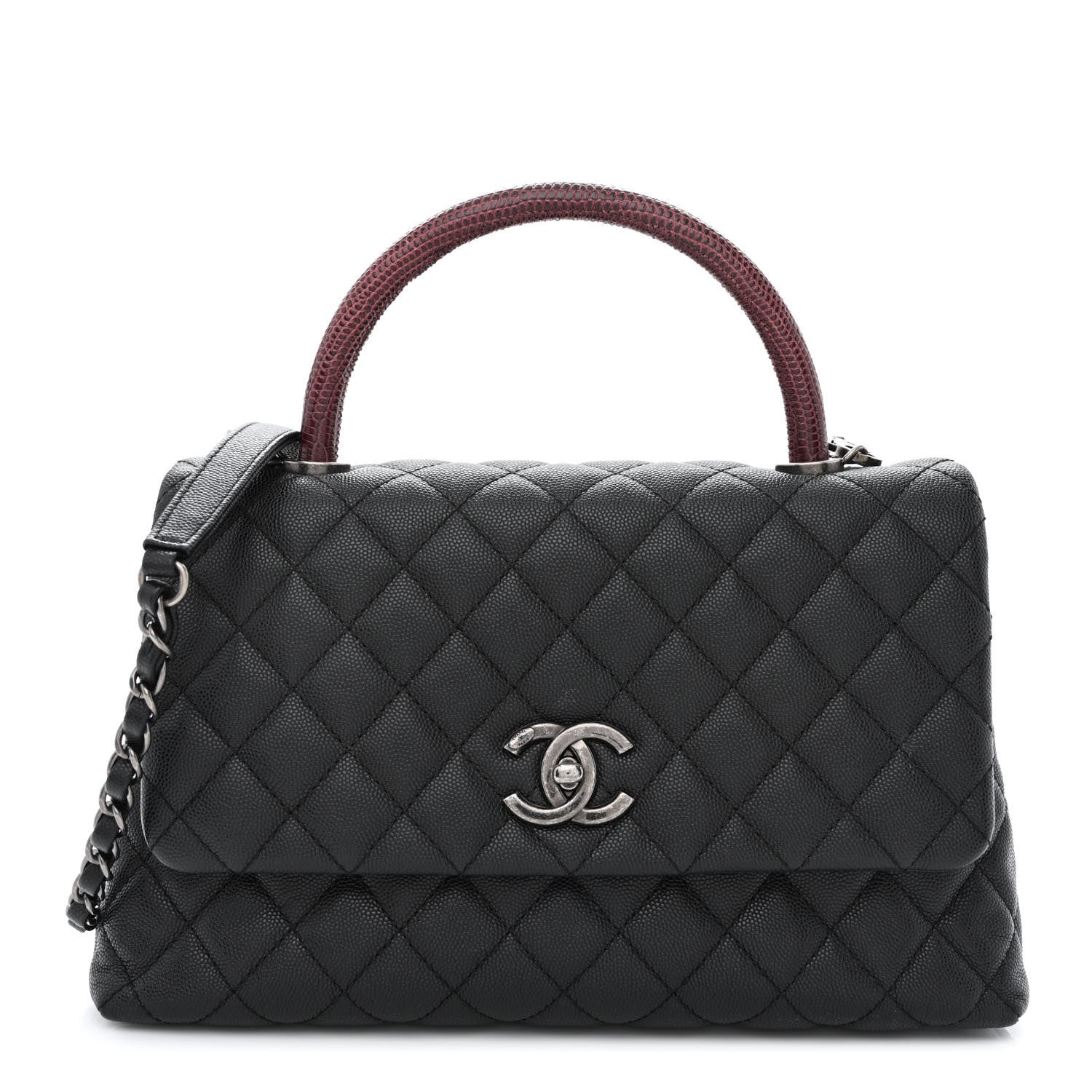 Caviar Lizard Quilted Medium Coco Handle Flap Black Burgundy Twins
