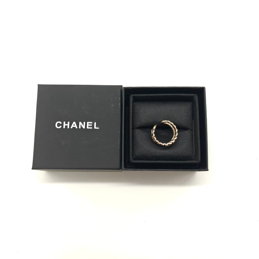 Chanel Metal Crystal Lambskin CC Ring Gold Black Twins LDJ5077