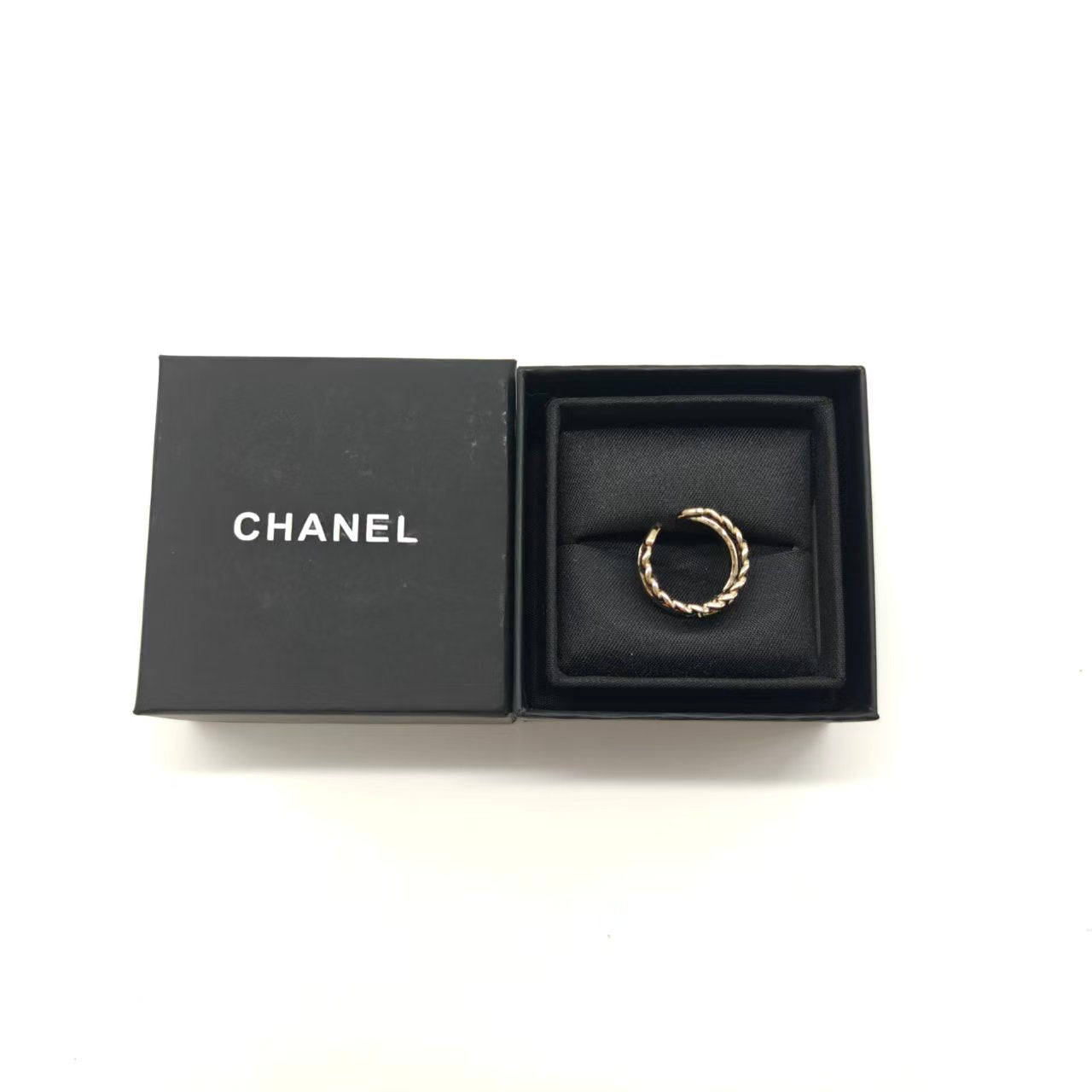 Chanel Metal Crystal Lambskin CC Ring Gold Black Twins LDJ5077