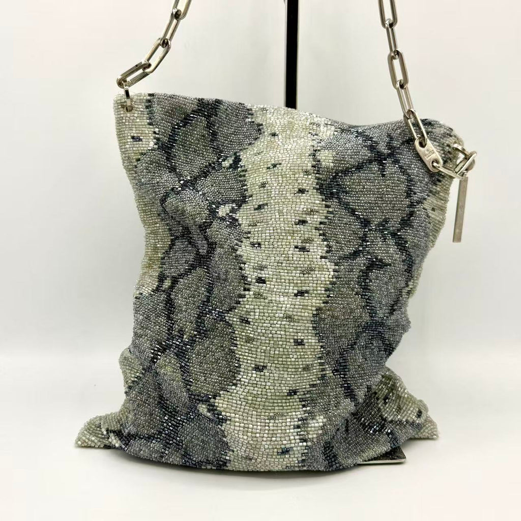 by Tom Ford Grey Snake Pattern Beaded Chain Flat Shoulder Bag
