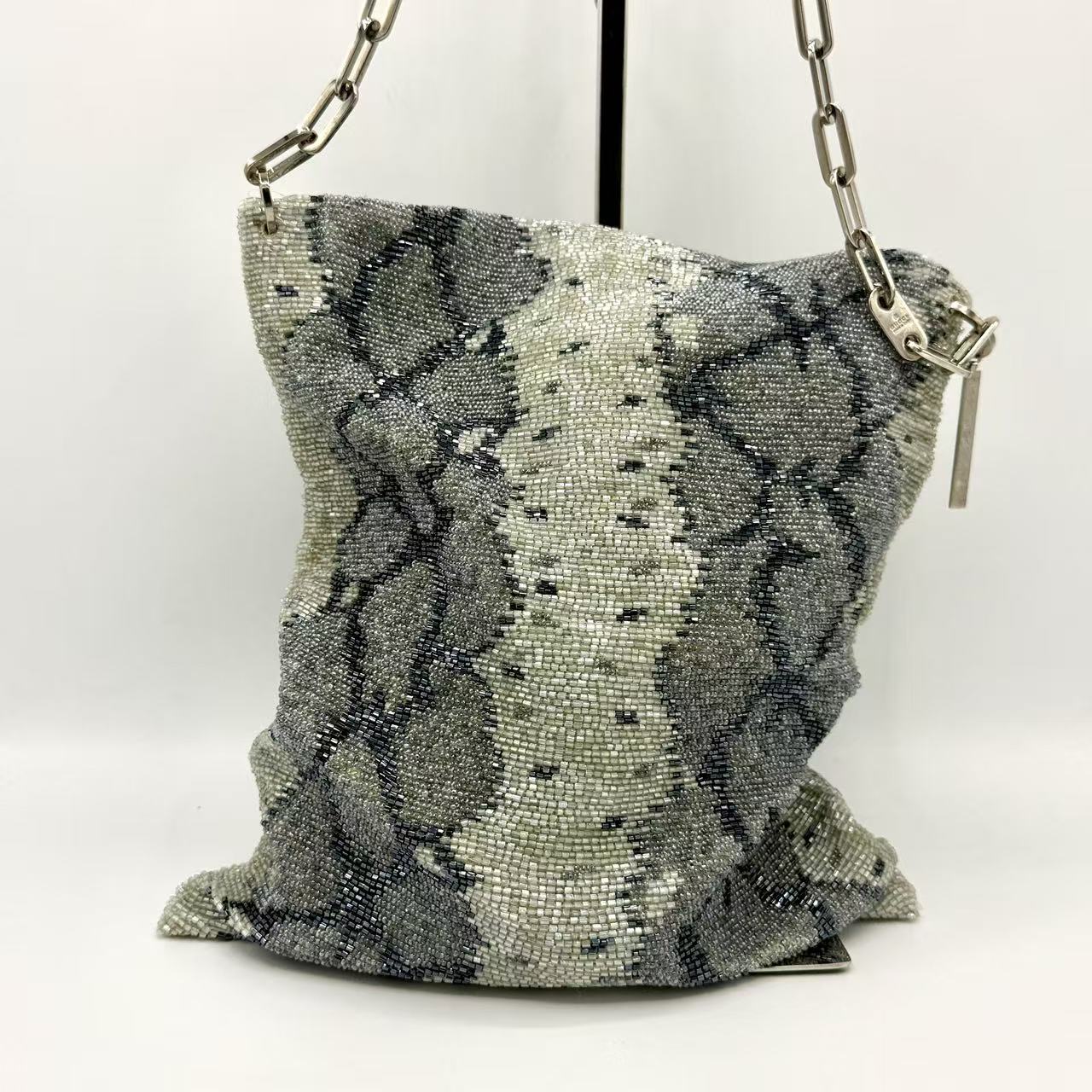 by Tom Ford Grey Snake Pattern Beaded Chain Flat Shoulder Bag