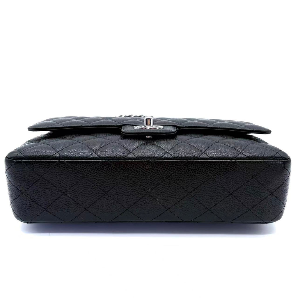 Black Quilted Caviar Medium Classic Double Flap Silver Hardware