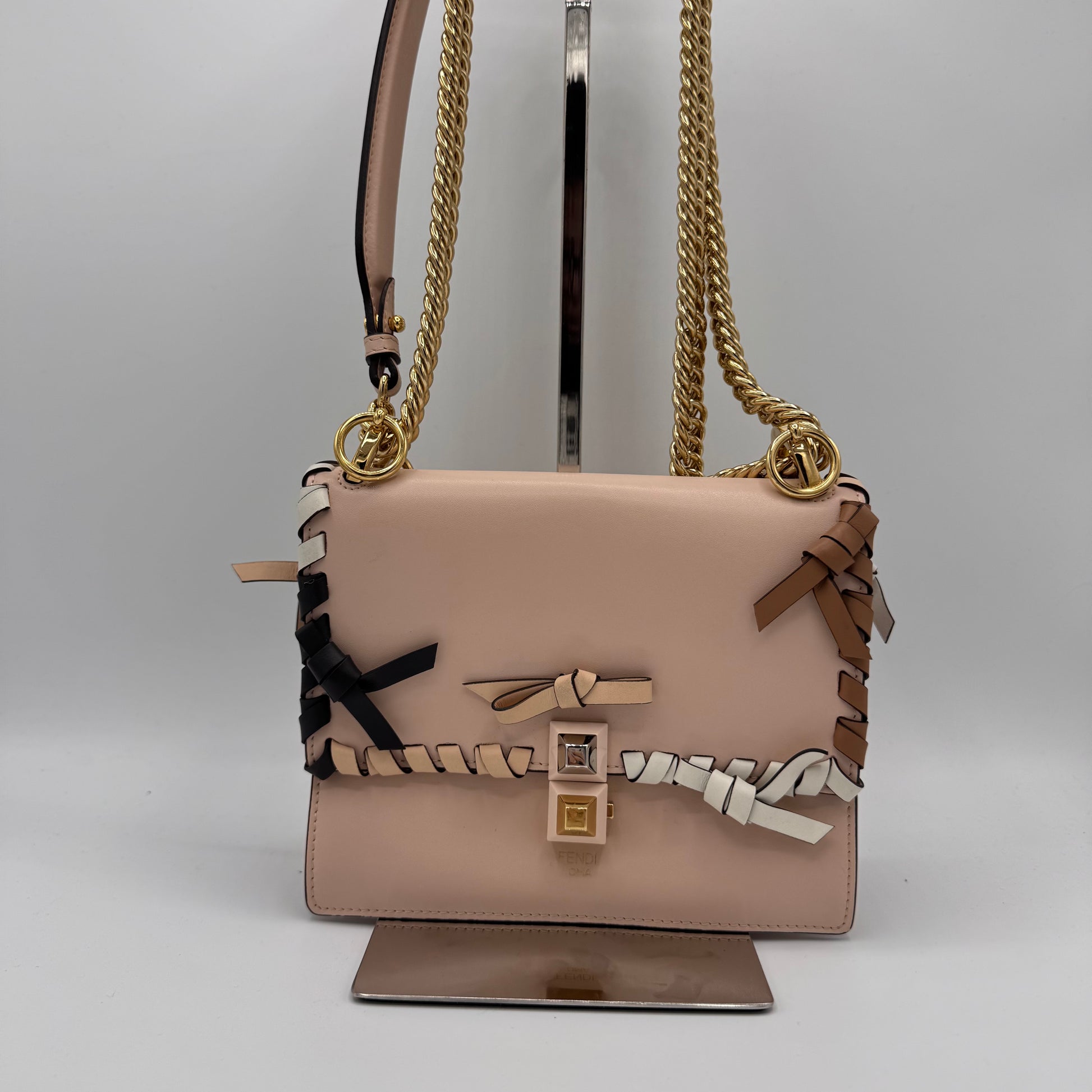 Fendi  Vitello Liberty Whipstitch Bow Small Kan I Shoulder Bag Plaster