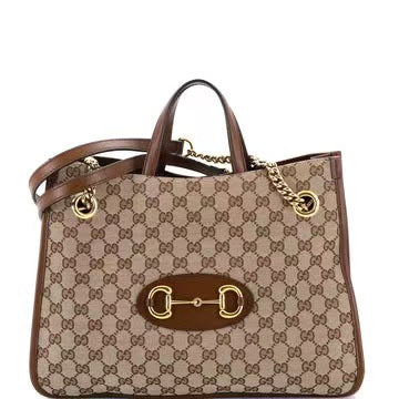 Gucci Monogram Calfskin Large Horsebit 1955 Tote Bag Beige Brown Sugar Twins B21563