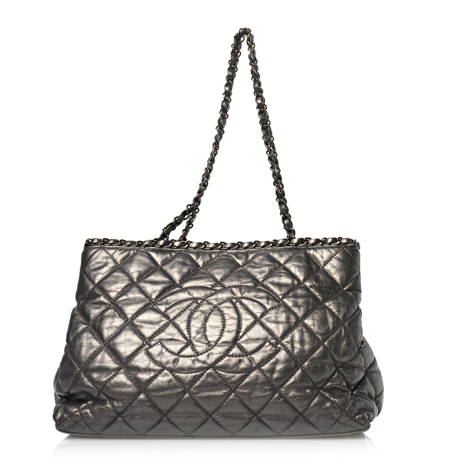 Metallic Calfskin Small Chain Me Tote Silver twins