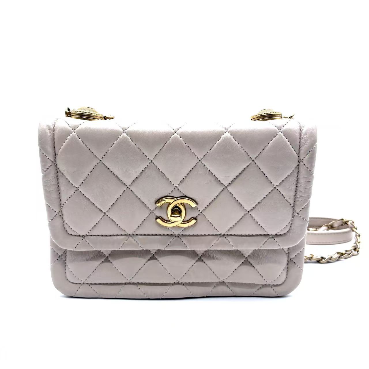 Mini Classic Flap White Caviar Leather Gold Coin Crossbody Bag