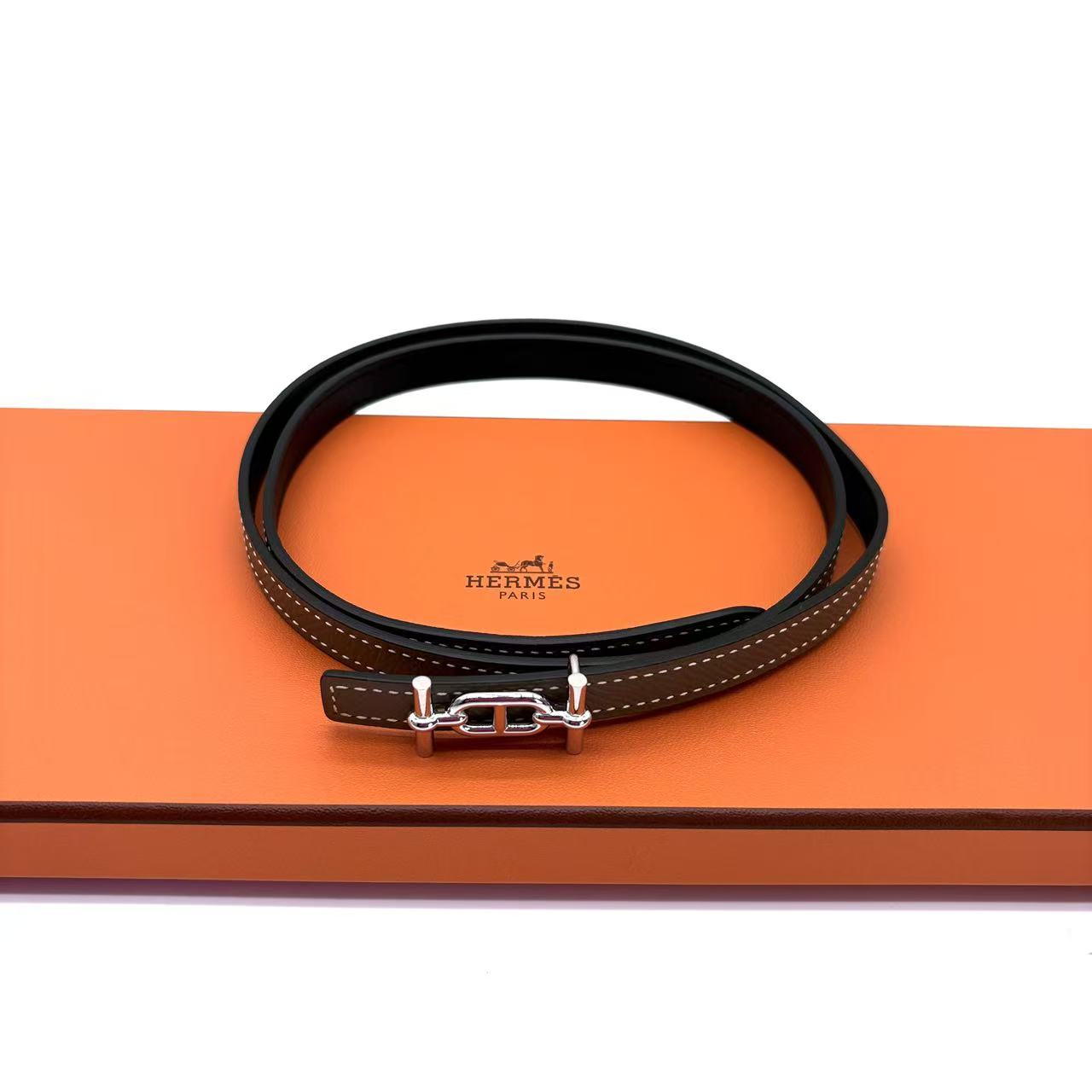 13mm Etoupe Epsom/Black Swift Leather Rose Gold Plated Ancre Belt Size 80