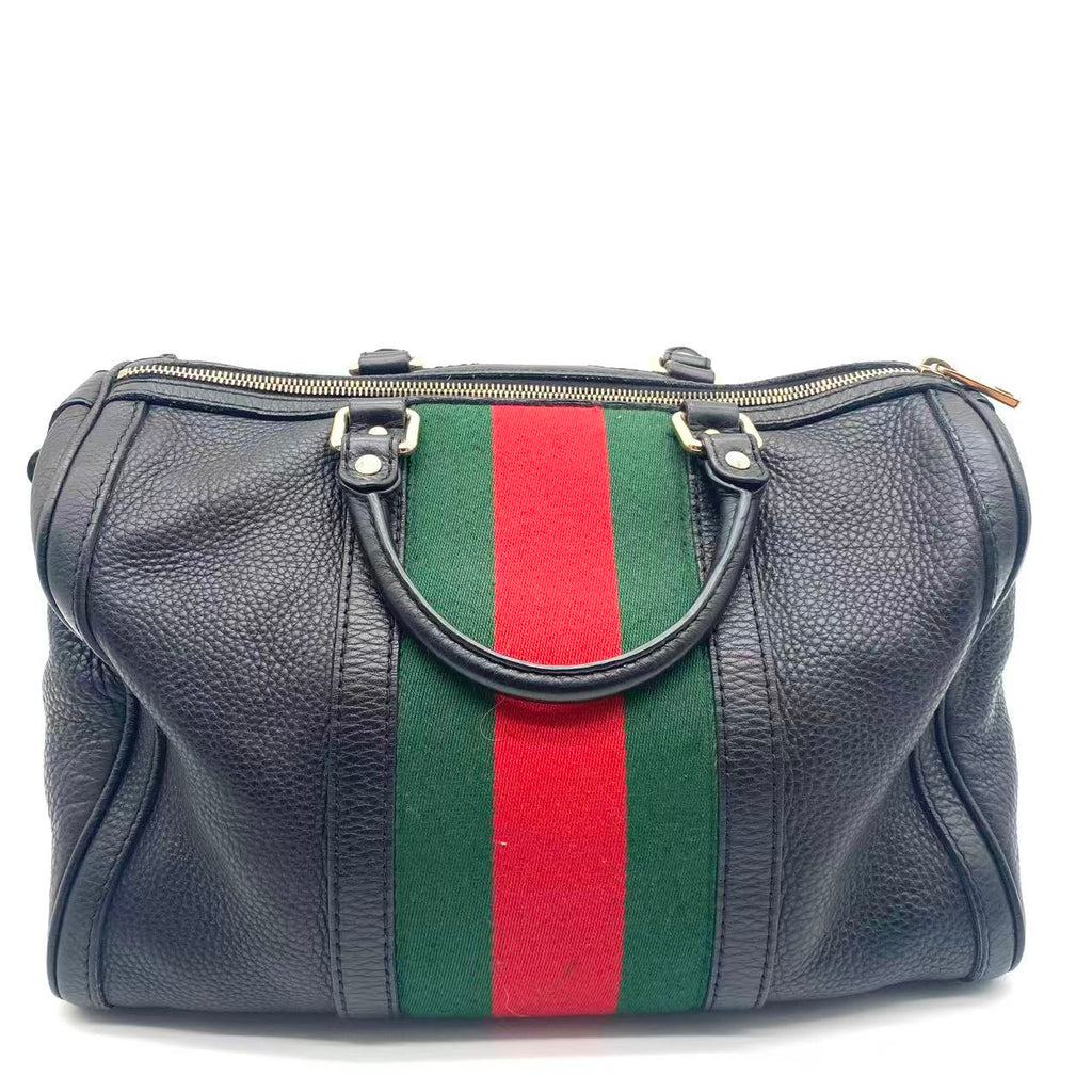 Black Leather Medium Vintage Web Boston Bag