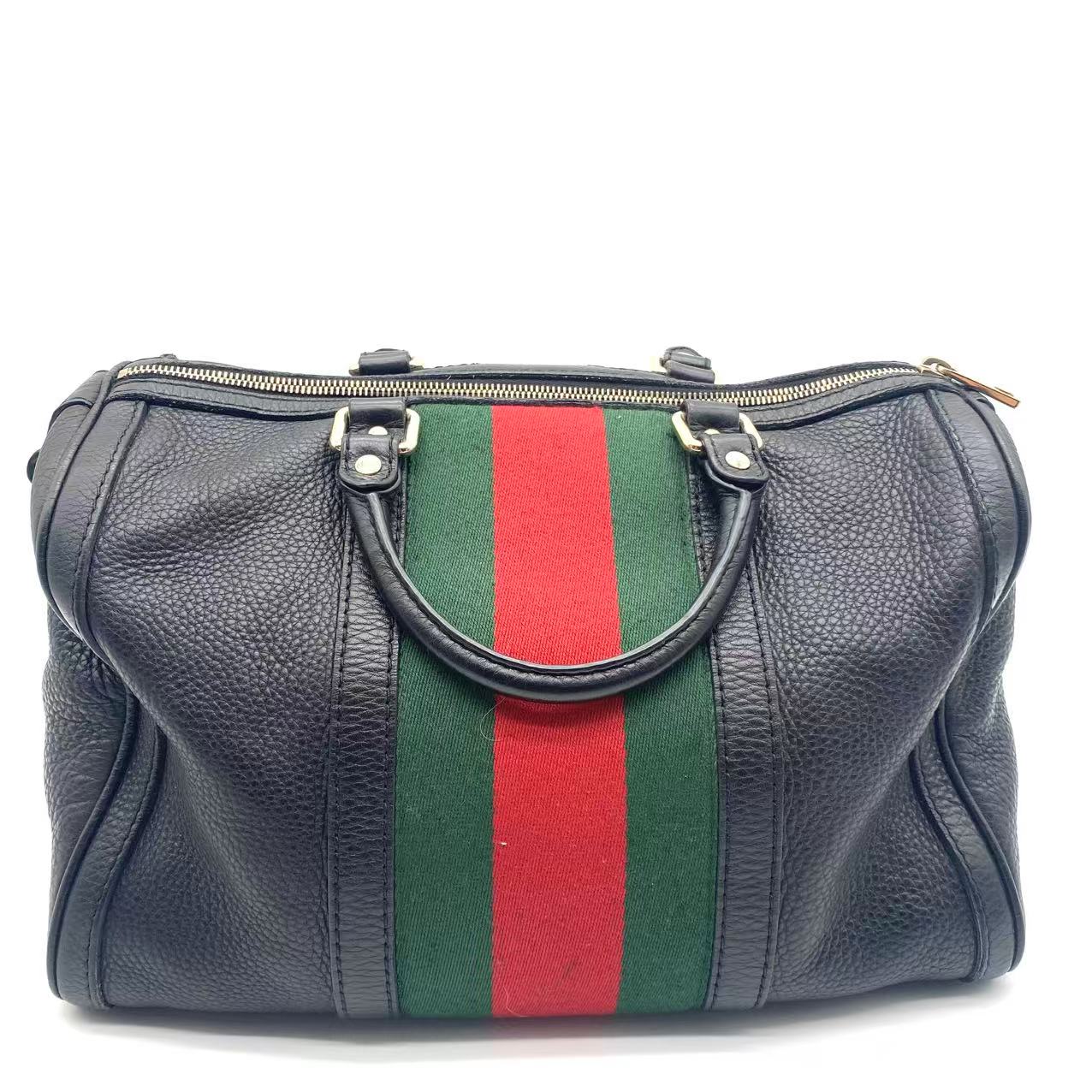 Black Leather Medium Vintage Web Boston Bag