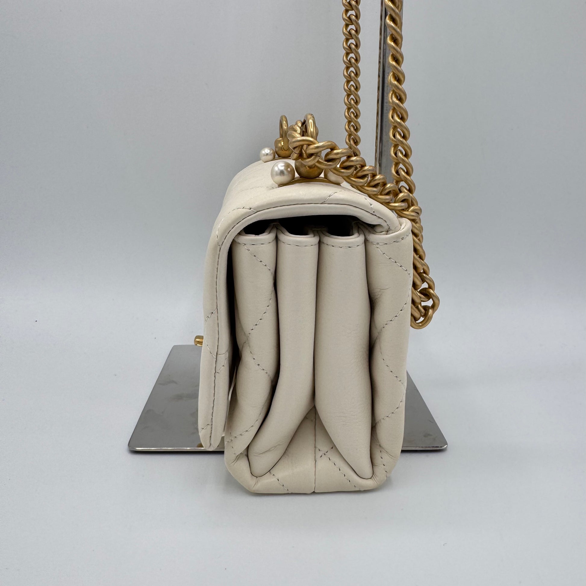 Chanel  Calfskin Quilted Accordion Pearl CC Flap Bag White