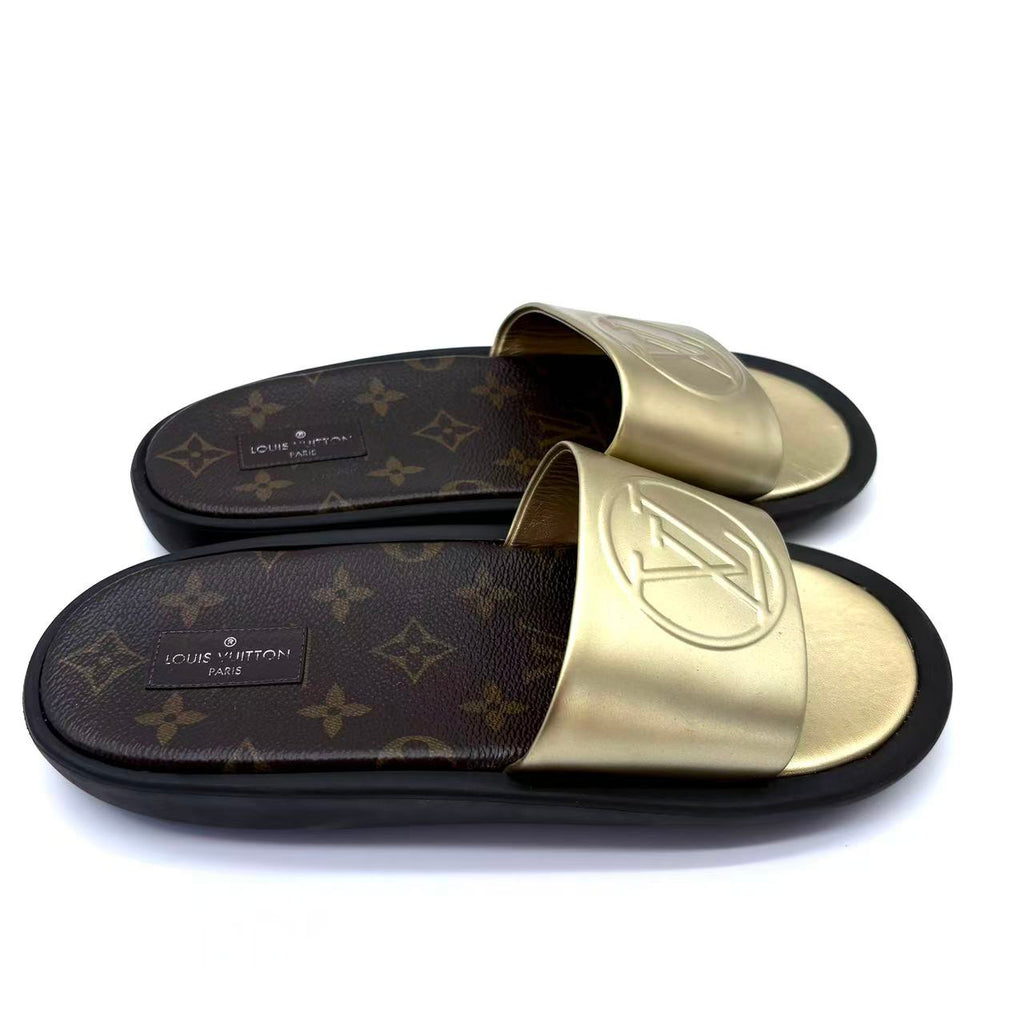 Gold Leather Sunbath Flat Slides