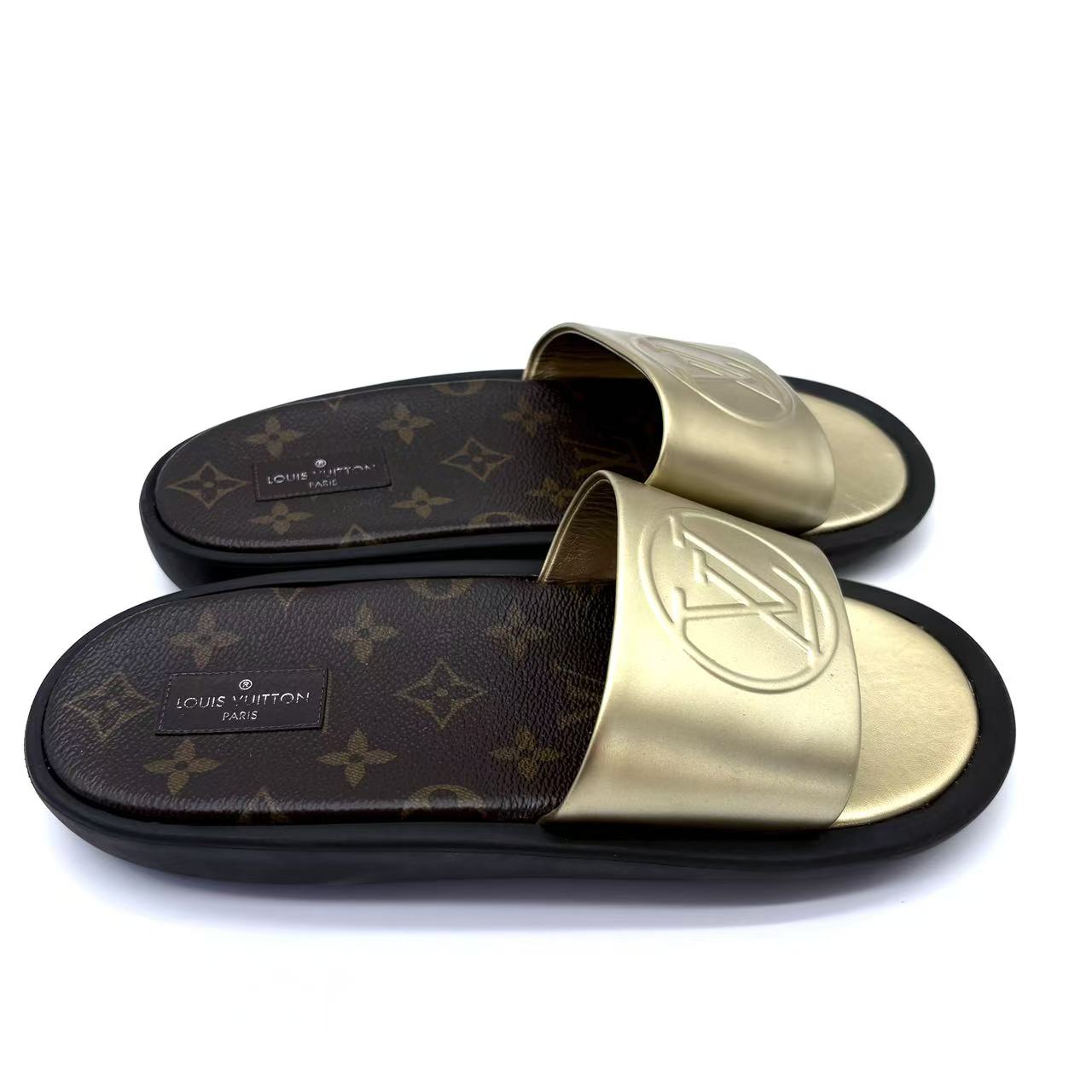 Gold Leather Sunbath Flat Slides