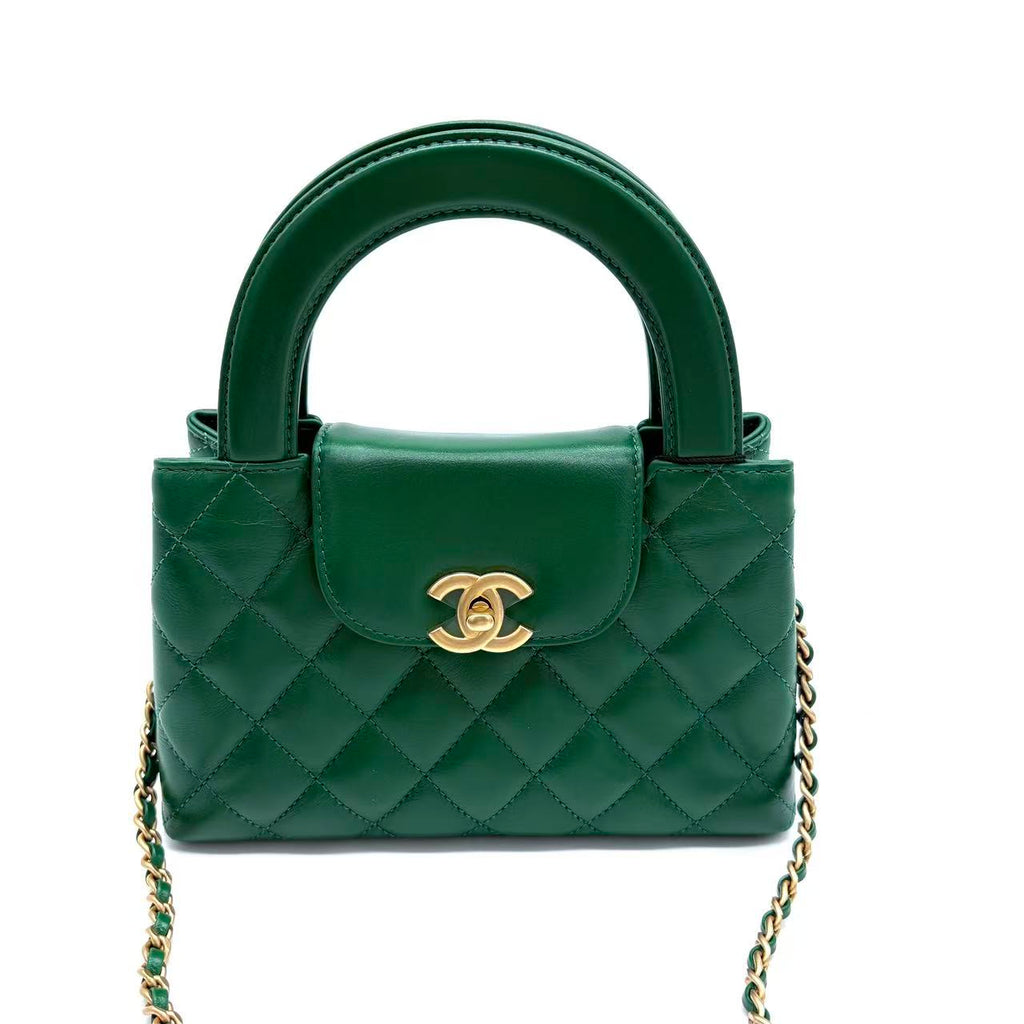 Shiny Aged Calfskin Quilted Nano Kelly Shopper Green