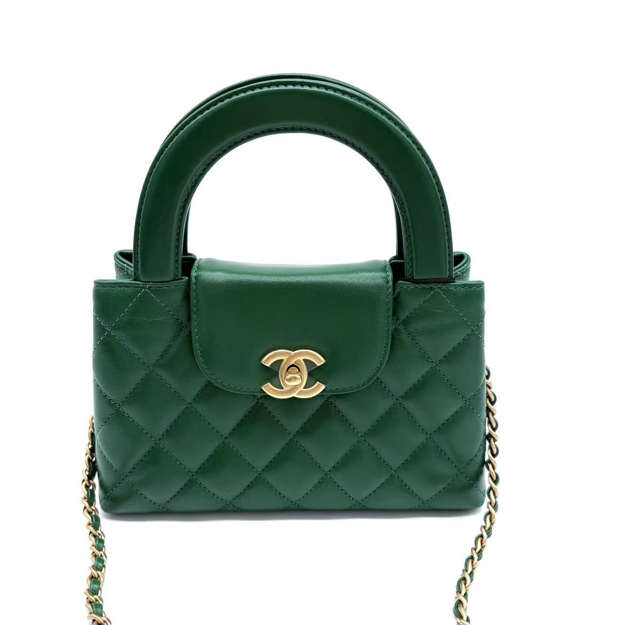 Shiny Aged Calfskin Quilted Nano Kelly Shopper Green