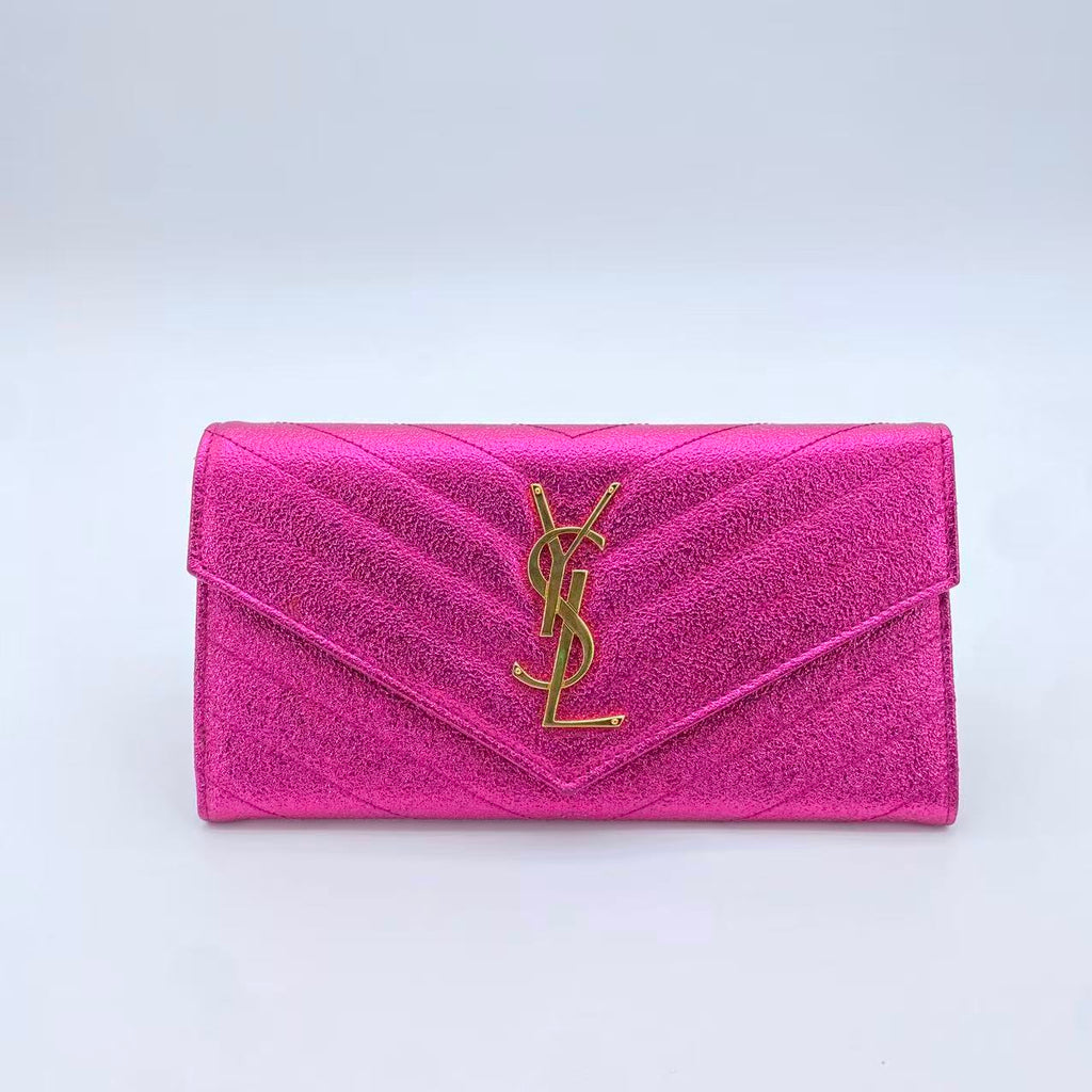 Travel Organizer Flap Wallet Matelasse Chevron Metallic Leather