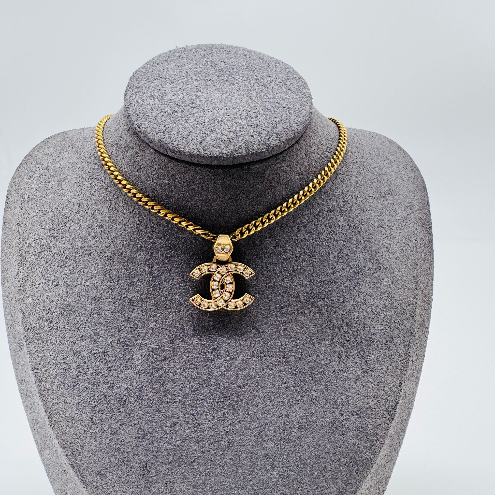 Chanel Interlocking CC Rhinestone Pendant Cuban Chain Necklace Twins LDJ4164