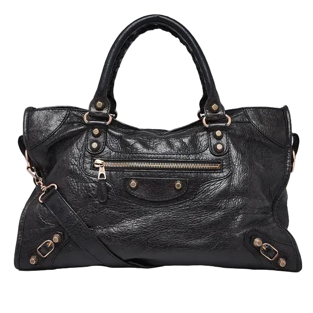 Balenciaga Black Lambskin Leather Giant 12 Rose Gold Motorcycle City Bag Twins LDJ6347