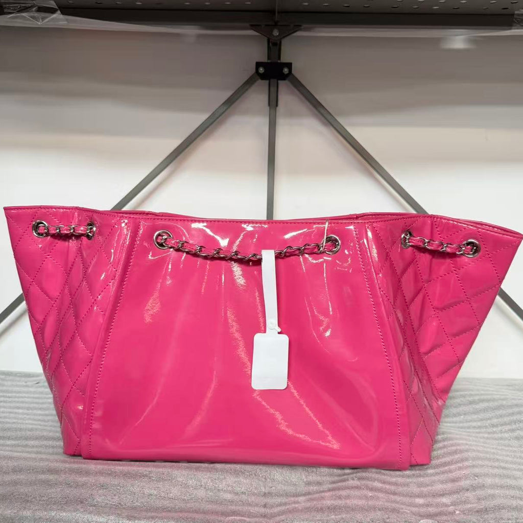 Chanel Pink Patent Vinyl Lipstick Ligne Large Accordion Tote Bag  twins B21576