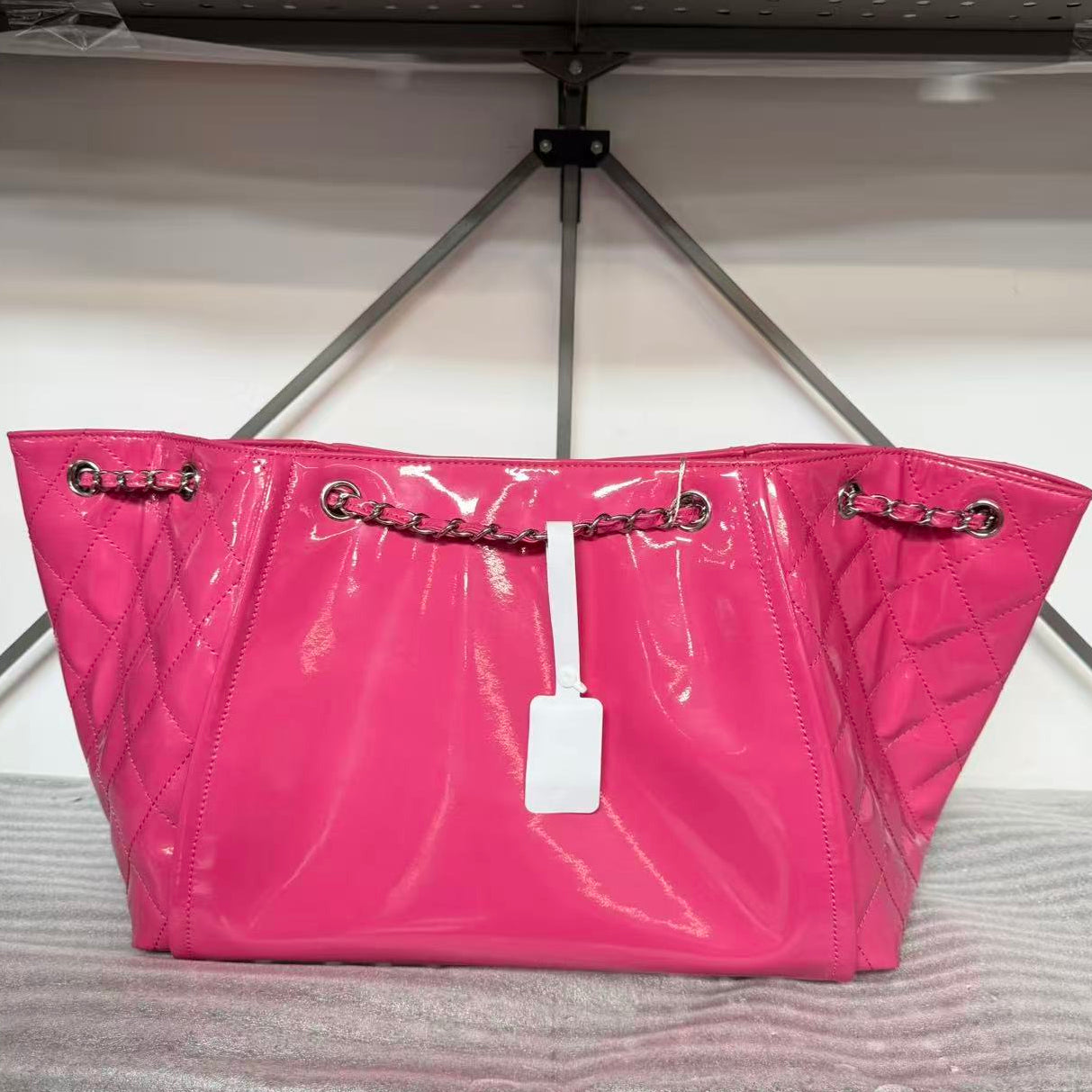 Chanel Pink Patent Vinyl Lipstick Ligne Large Accordion Tote Bag  twins B21576