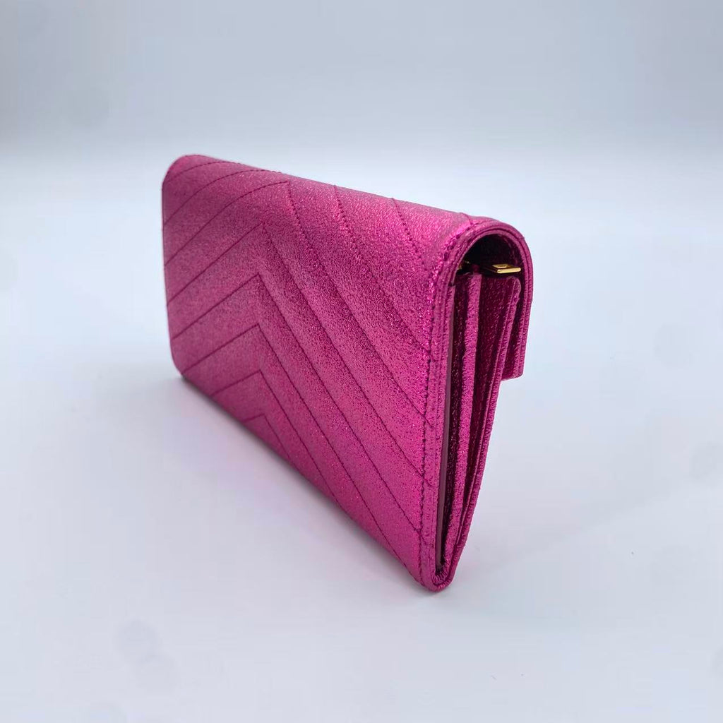 Travel Organizer Flap Wallet Matelasse Chevron Metallic Leather