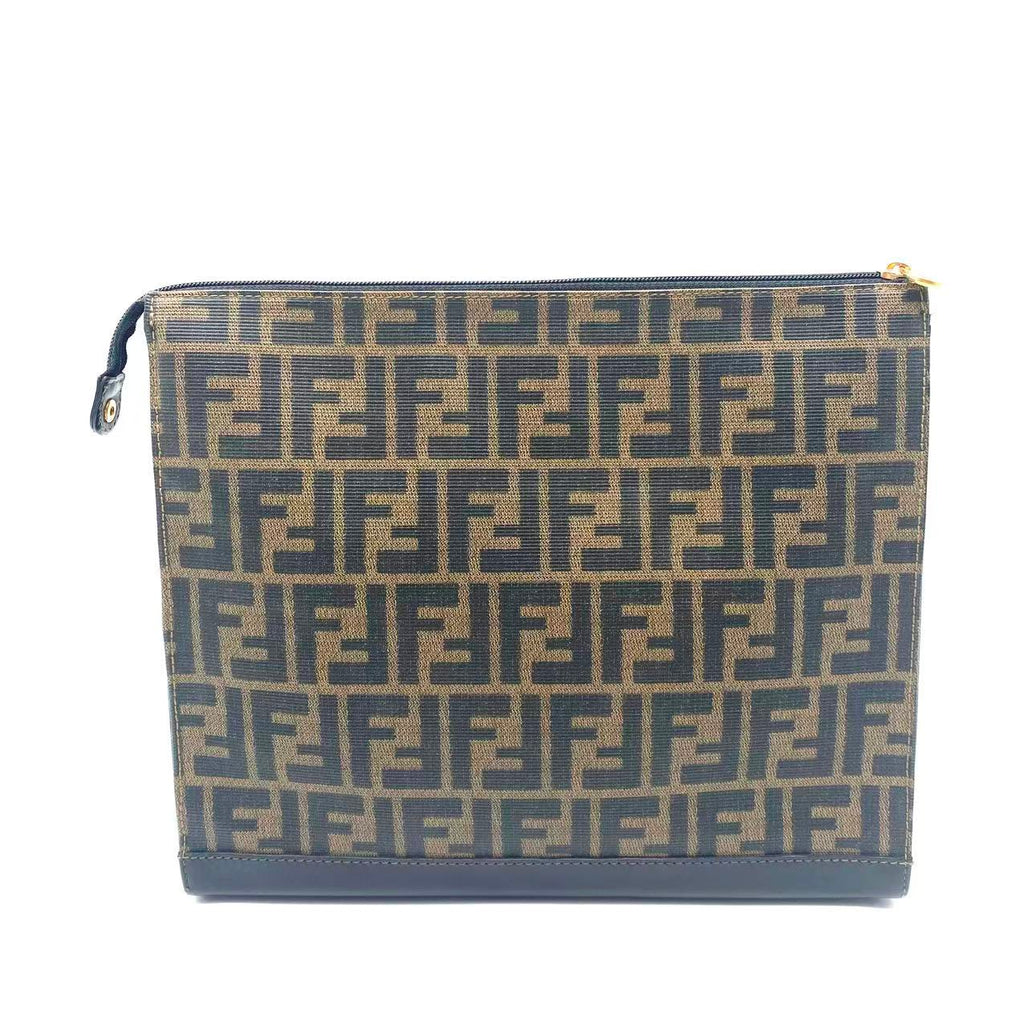 Fendi Brown Zucca Coated Canvas Leather Zip Pouch