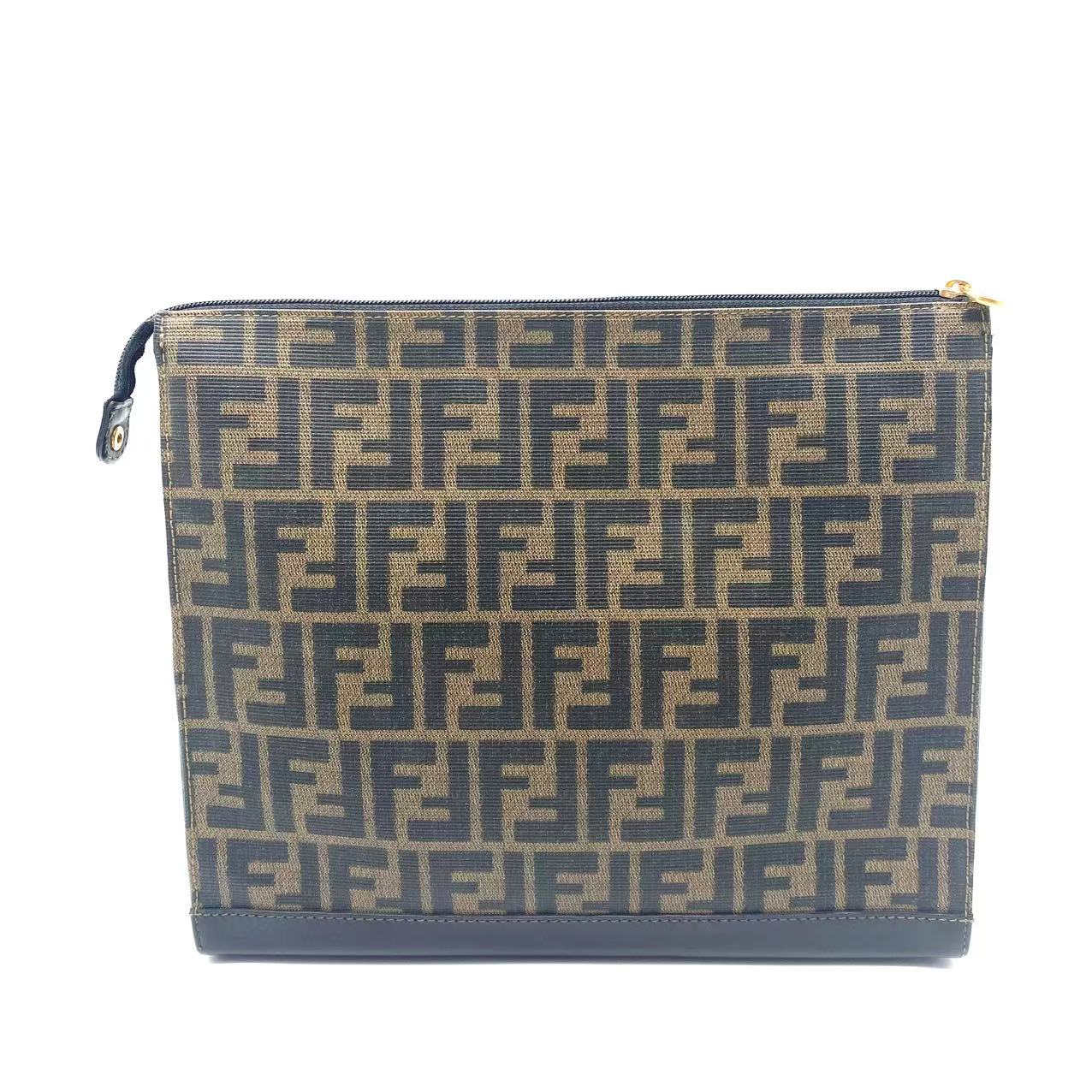 Fendi Brown Zucca Coated Canvas Leather Zip Pouch
