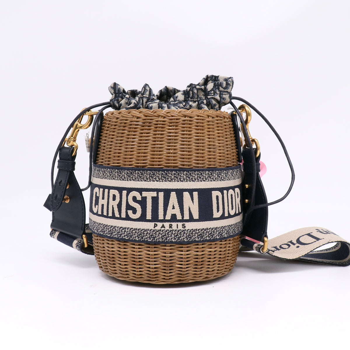 Drawstring Bucket Bag Wicker with Oblique Canvas Twins LDJ6716