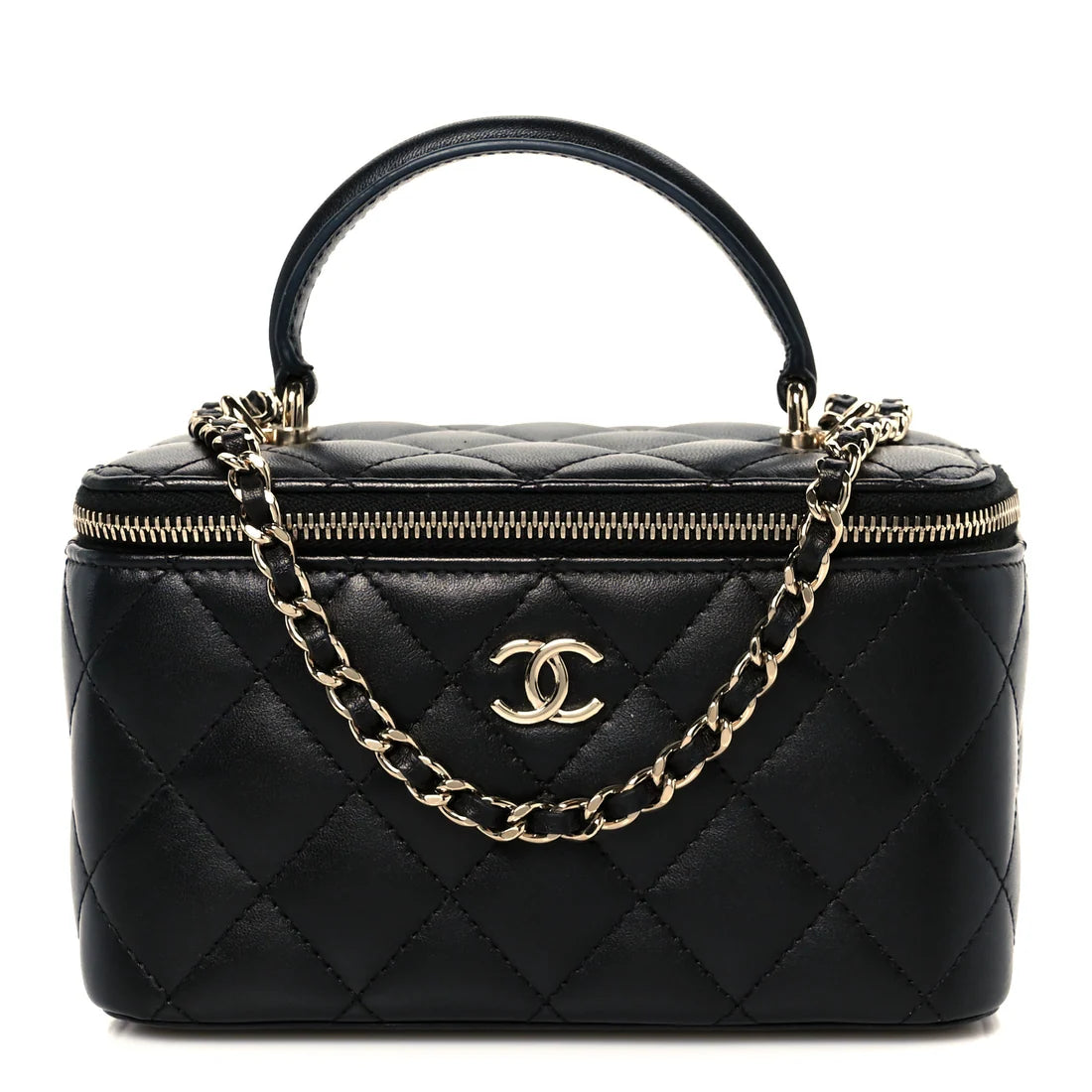 Chanel Lambskin Quilted Small Top Handle Vanity Case With Chain Black  twins LDZ1666