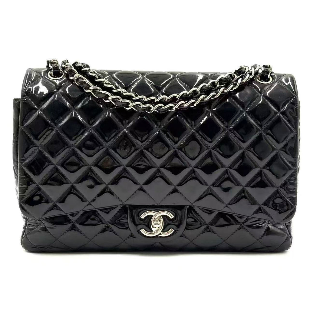 Patent Quilted Maxi  Double Flap Black