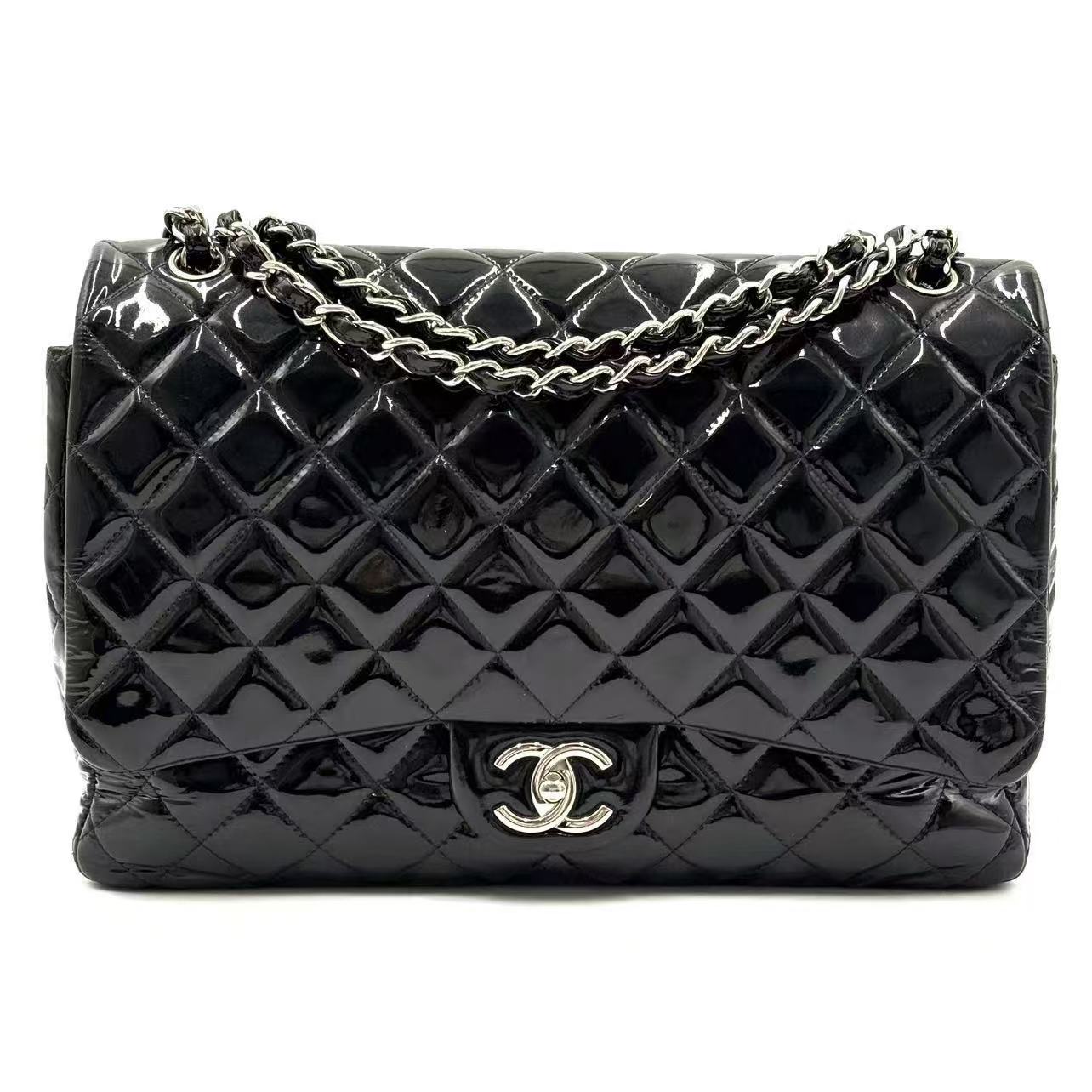 Patent Quilted Maxi  Double Flap Black
