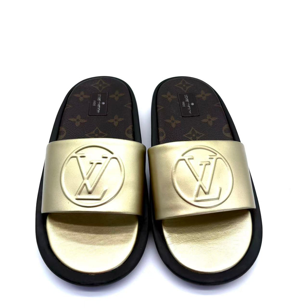 Gold Leather Sunbath Flat Slides