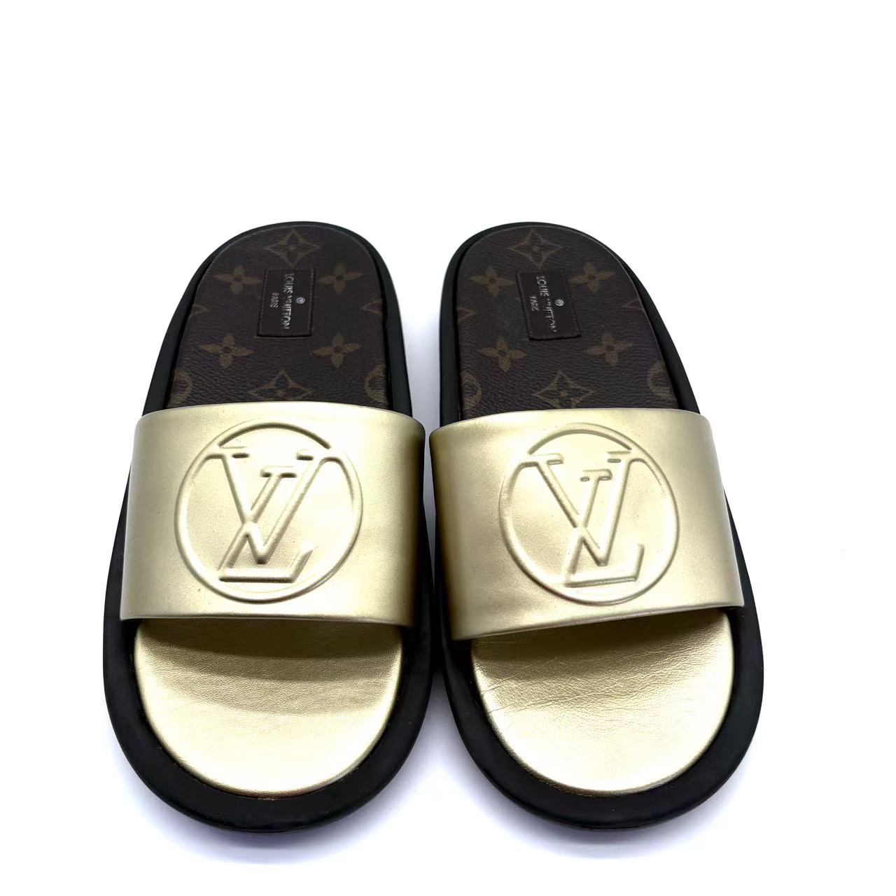 Gold Leather Sunbath Flat Slides